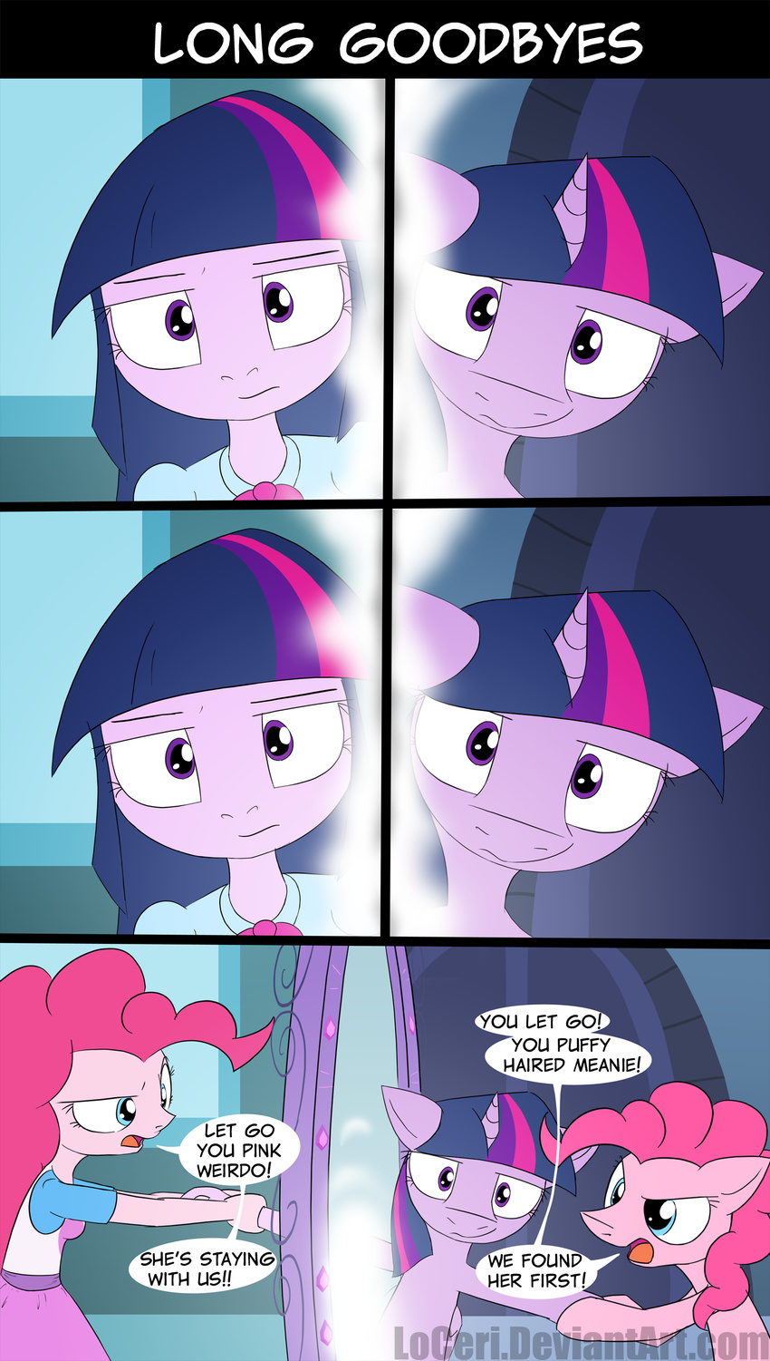 blue_eyes bow_tie clothed clothing comic dialog door english_text equestria_girls equine female feral friendship_is_magic frown fur group hair horn horse human humanized humor inside loceri long_hair looking_at_viewer mammal multi-colored_hair my_little_pony open_mouth pink_fur pink_hair pinkie_pie_(eg) pinkie_pie_(mlp) pony purple_eyes purple_hair shirt skirt standing text tongue twilight_sparkle_(eg) twilight_sparkle_(mlp) window winged_unicorn wings