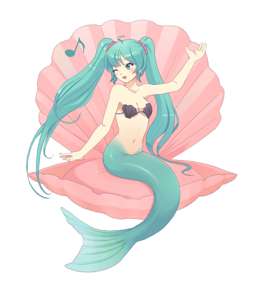 ahoge bad_id bad_pixiv_id full_body green_eyes green_hair hatsune_miku highres long_hair mermaid monster_girl monsterification musical_note navel okiara one_eye_closed open_mouth shell shell_bikini solo transparent_background twintails very_long_hair vocaloid
