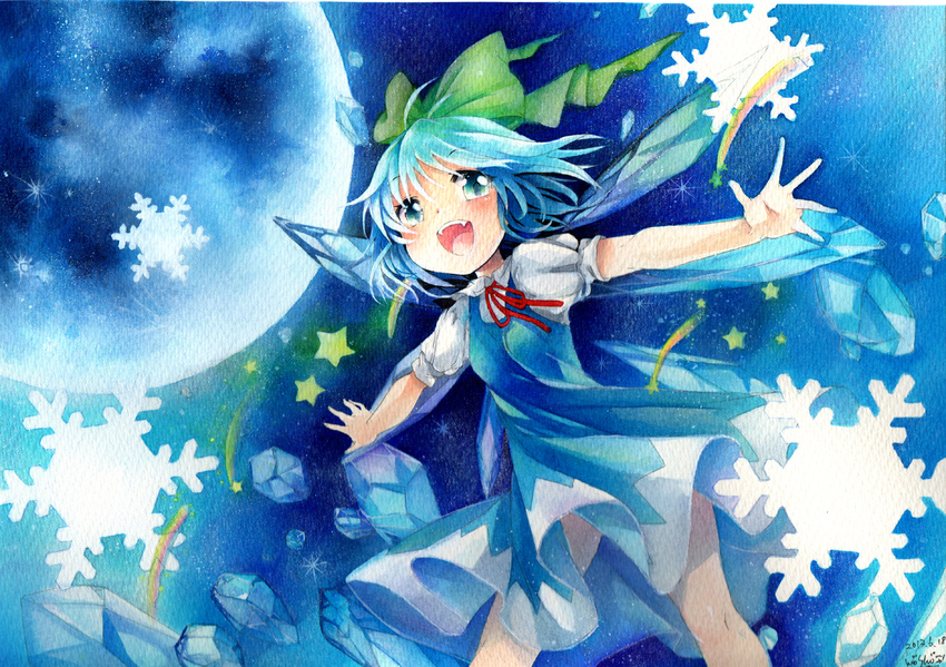 blue_dress blue_eyes blue_hair blush bow cirno color_ink_(medium) dress fang full_moon hair_bow ice ice_wings marker_(medium) moon mosho open_mouth outstretched_arms puffy_sleeves shirt short_sleeves smile solo touhou traditional_media watercolor_(medium) wings
