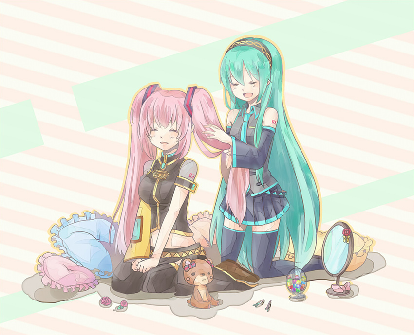 adjusting_hair alternate_hairstyle bad_id bad_pixiv_id closed_eyes cushion detached_sleeves green_hair hairstyle_switch hatsune_miku kneeling long_hair megurine_luka midriff mirror mizu_bonbori multiple_girls necktie open_mouth pink_hair sitting skirt stuffed_animal stuffed_toy teddy_bear thighhighs twintails very_long_hair vocaloid