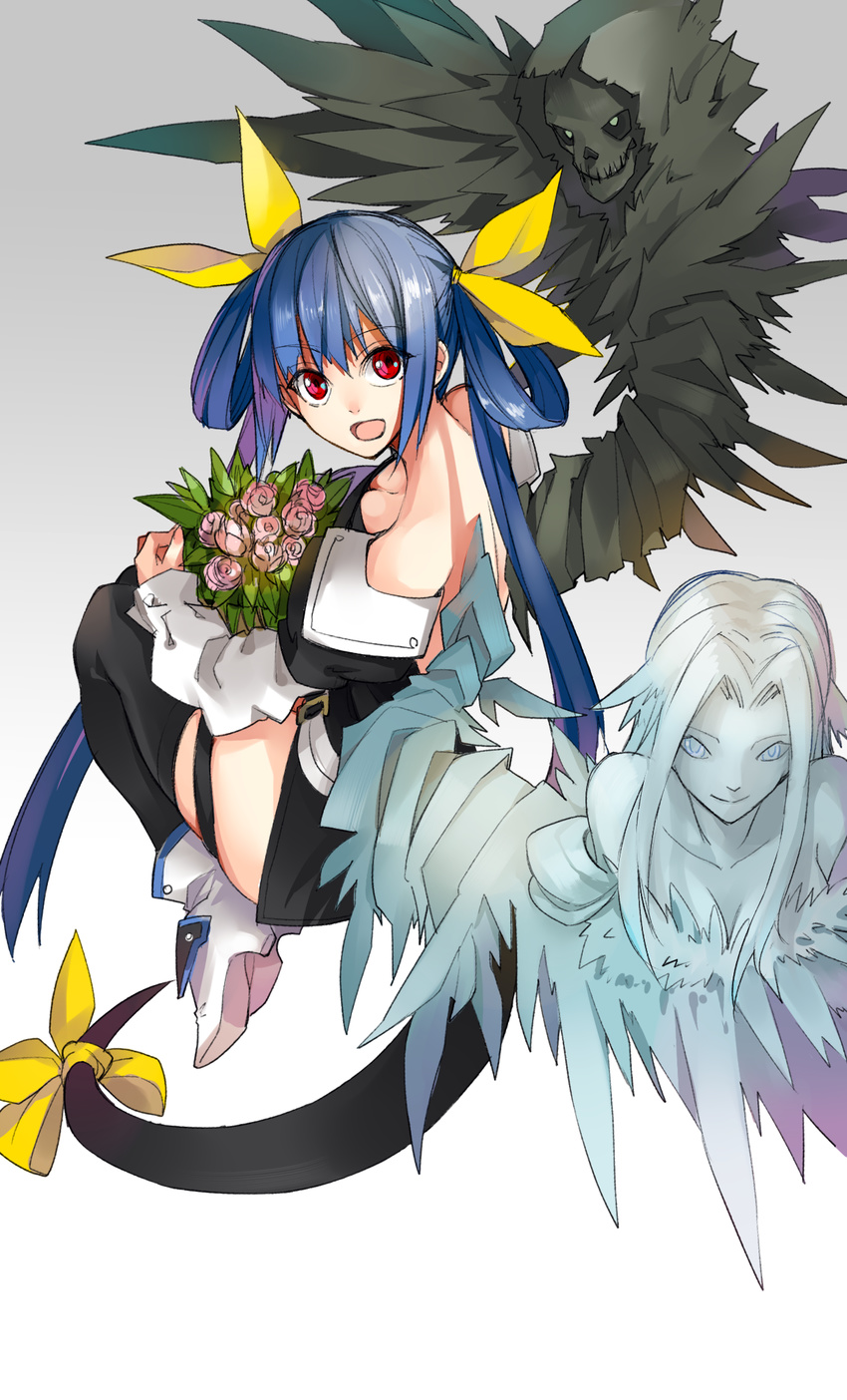 asymmetrical_wings bare_shoulders blue_hair boots bouquet bow breasts choker cleavage dizzy flower guilty_gear hair_bow highres long_hair masin0201 navel necro_(guilty_gear) red_eyes ribbon rose sitting skull small_breasts solo tail tail_ribbon thighhighs twintails undine_(guilty_gear) wings