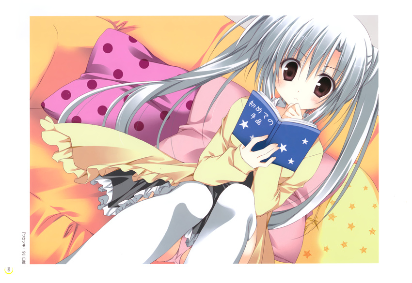 absurdres book coat couch elni hand_on_own_chin highres holding holding_book korie_riko long_sleeves open_book panties pantyshot pantyshot_(sitting) pillow pink_panties purple_eyes reading sitting thighhighs tsuki_tsuki! twintails underwear white_hair white_legwear