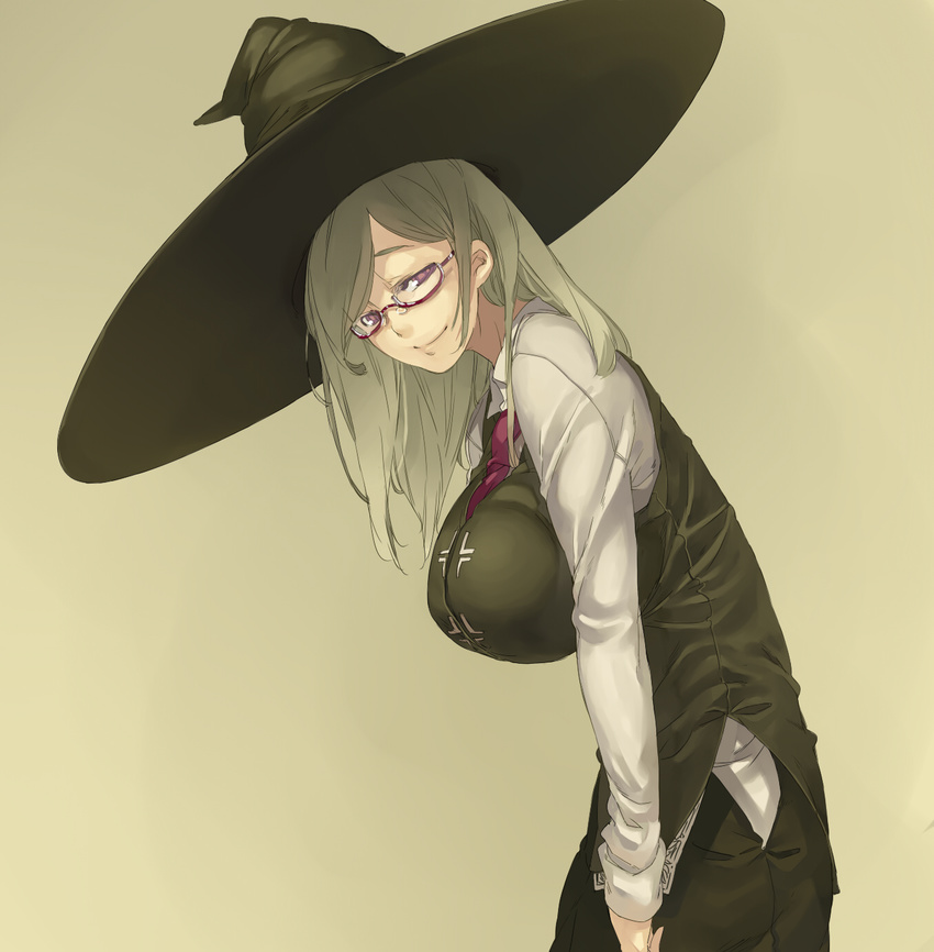 black_skirt breasts glasses gram_(muneneko) grey_hair hat highres huge_breasts leaning_forward long_hair long_sleeves looking_at_viewer muneneko necktie original purple_eyes simple_background skirt smile solo standing vest witch_hat