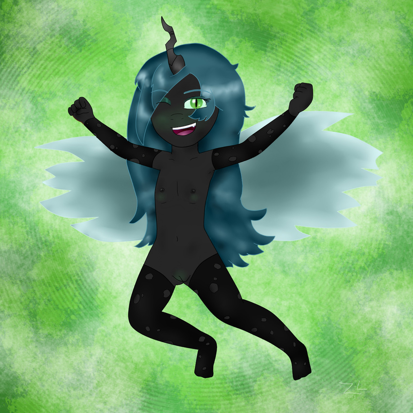 anthro anthrofied areola blush changeling clothing equine fangs female friendship_is_magic green_eyes green_hair hair horn horse human humanoid looking_at_viewer mammal my_little_pony nipples nude pony pussy queen_chrysalis_(mlp) royalty solo tongue winged_unicorn wings young zekromlover