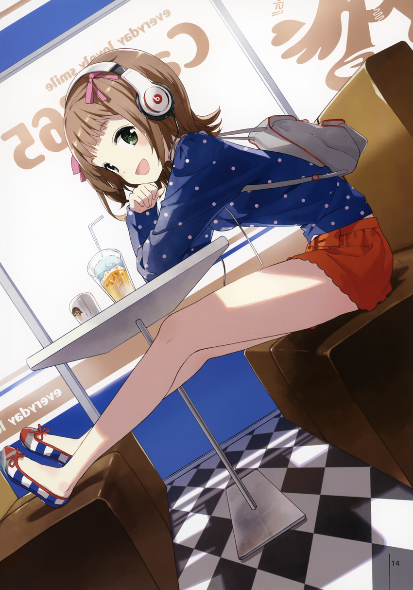 :d absurdres amami_haruka backpack bag bare_legs beats_by_dr._dre brown_hair cup drinking_straw flats green_eyes hair_ribbon headphones highres idolmaster idolmaster_(classic) leaning_forward legs looking_at_viewer no_socks open_mouth polka_dot ribbon short_hair short_shorts shorts sitting smile solo tiv
