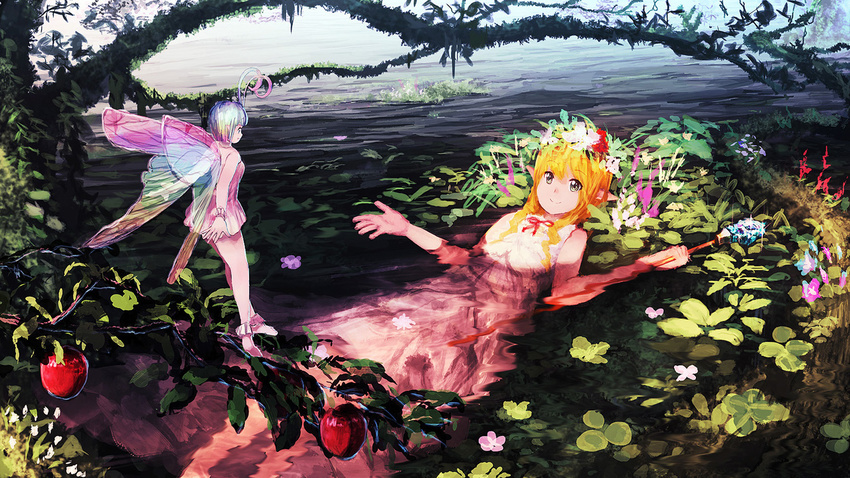 apple blonde_hair dress fairy fantasy_earth_zero food fruit head_wreath jean_popo long_hair multicolored_hair multiple_girls pointy_ears short_hair size_difference water white_dress wings