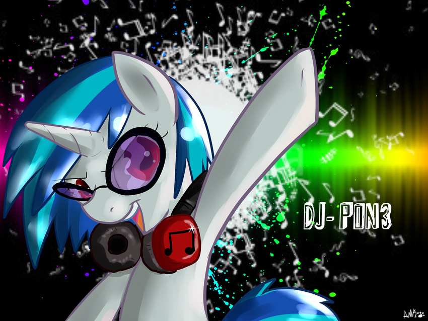 4:3 abstract_background blue_hair english_text equine eyewear female feral friendship_is_magic glasses hair headphones horn horse kakashischika mammal muscial_note musical_note my_little_pony pony red_eyes solo sparkles sunglasses text unicorn vinyl_scratch_(mlp) wallpaper