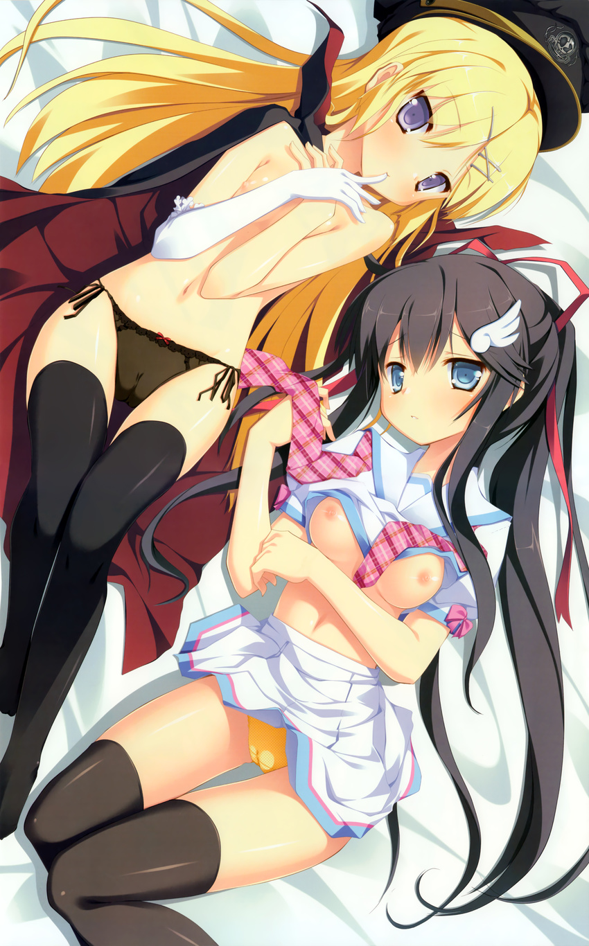 absurdres amamoto_louis black_hair black_legwear black_panties blonde_hair blue_eyes breasts cameltoe cape elbow_gloves finger_to_mouth flat_chest gloves hair_ornament hair_ribbon hairclip hat highres hondou_ayano long_hair lying multiple_girls naka_no_hito_nado_inai! navel nimura_yuuji nipples on_back panties peaked_cap ponytail ribbon scan school_uniform shirt_lift side-tie_panties single_elbow_glove skirt skirt_lift thighhighs topless underwear very_long_hair white_gloves yellow_panties