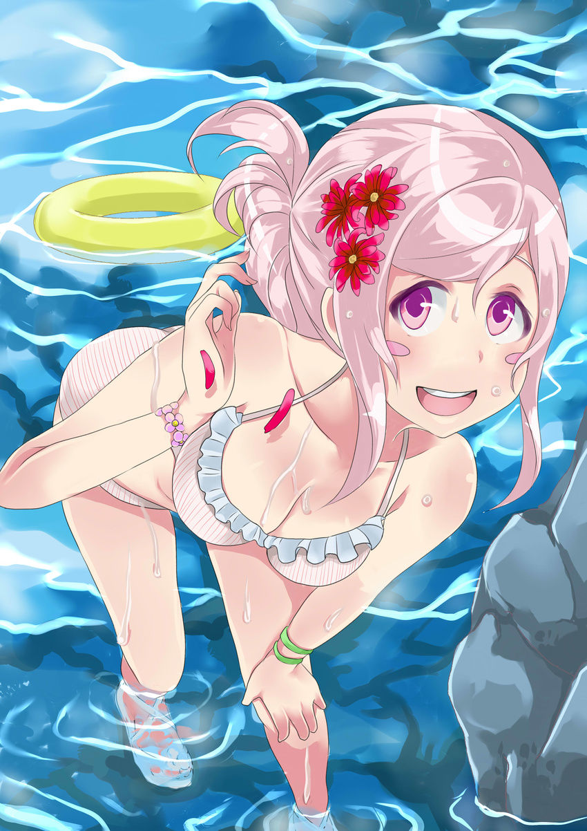 :d absurdres bent_over bikini blush_stickers flower from_above futayama0905 hair_flower hair_ornament hand_on_own_knee happy highres innertube long_hair ocean open_mouth original pink_hair purple_eyes sandals smile solo swimsuit wading water wet