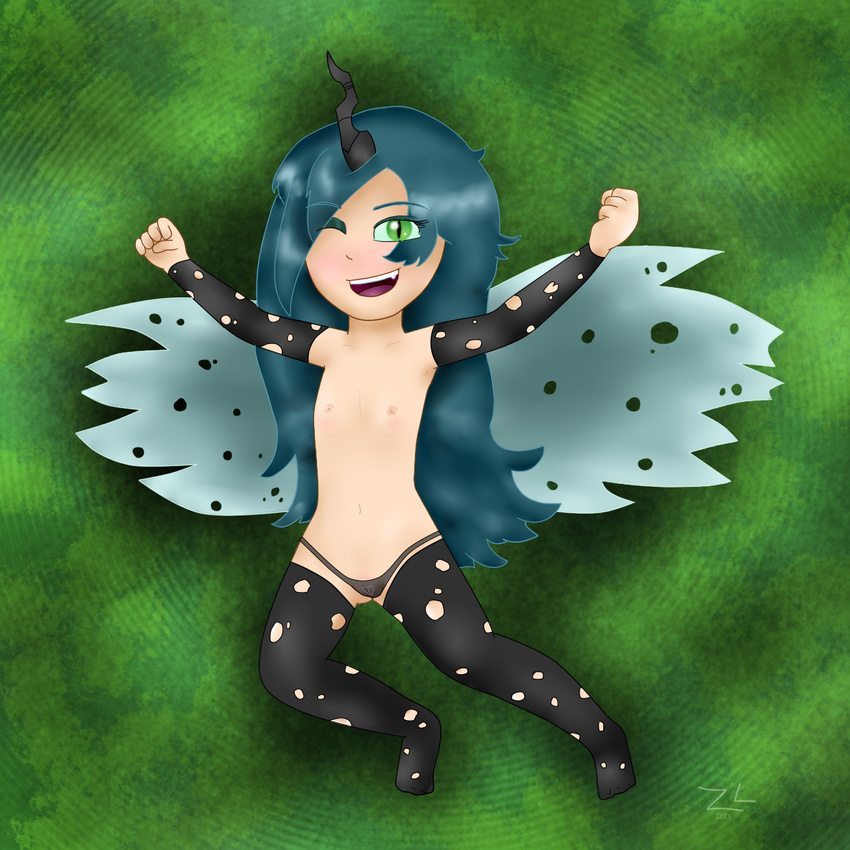 areola blush fangs female friendship_is_magic green_eyes green_hair hair horn human humanized looking_at_viewer mammal my_little_pony nipples queen_chrysalis_(mlp) royalty solo tongue wings young zekromlover