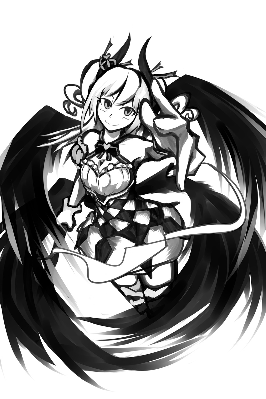 absurdres bare_shoulders black_wings breasts checkered checkered_dress cleavage cleavage_cutout deel_(rkeg) demon_girl demon_horns dress drill_hair greyscale highres horns idolmaster idolmaster_cinderella_girls kanzaki_ranko large_breasts long_hair monochrome multiple_wings outstretched_hand smile solo thighhighs twin_drills twintails wings