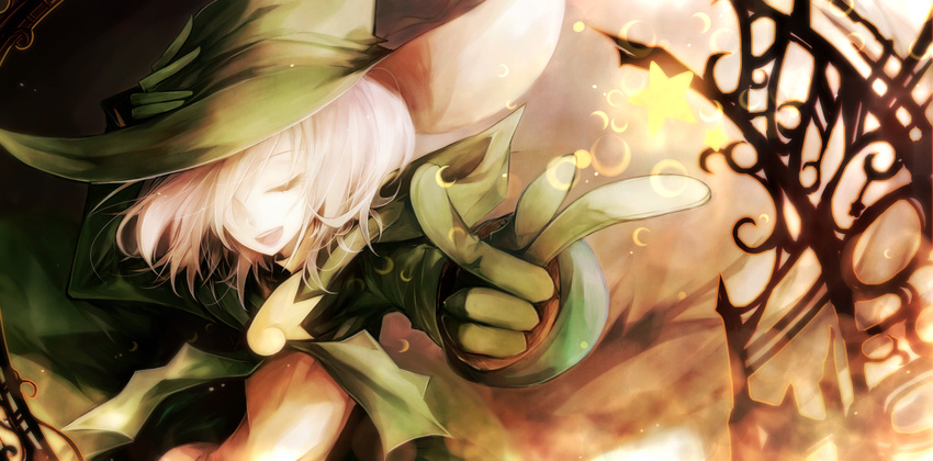 1boy bad_id bad_pixiv_id cape closed_eyes gloves hat highres lemres_(puyopuyo) male_focus pointing puyopuyo puyopuyo_fever smile solo white_hair