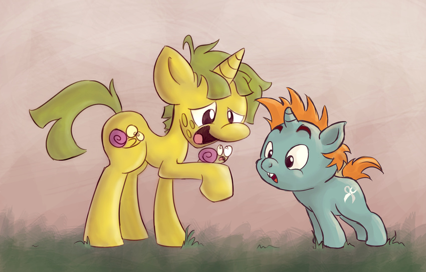 cub cutie_mark duo equine feral friendship_is_magic fur green_fur green_hair hair hi_res horn horse inkyfirefly male mammal my_little_pony orange_hair pony simple_background smile snail snails_(mlp) snips_(mlp) unicorn yellow_fur young