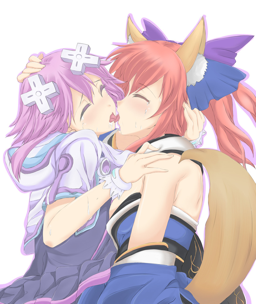 2girls caster_(fate/extra) choujigen_game_neptune compile_heart crossover fate/extra fate_(series) idea_factory kiss multiple_girls neptune_(choujigen_game_neptune) neptune_(series) pink_hair purple_hair tears tongue yuri