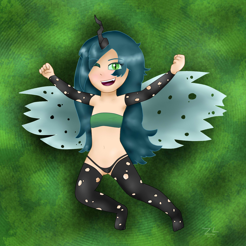 blush clothing fangs female friendship_is_magic green_eyes green_hair hair horn human humanized looking_at_viewer mammal my_little_pony queen_chrysalis_(mlp) royalty solo tongue wings young zekromlover