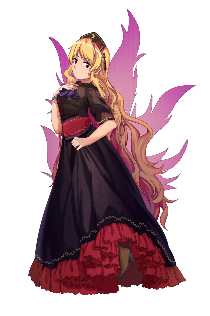 absurdres adapted_costume black_dress black_footwear black_hat blonde_hair brown_legwear closed_mouth cravat crescent dress energy eyebrows_visible_through_hair full_body furahata_gen hand_on_own_chest hat high_heels highres junko_(touhou) long_hair looking_at_viewer pantyhose petticoat purple_neckwear red_eyes sash shoes short_sleeves simple_background skirt_hold solo standing tassel touhou very_long_hair wavy_hair white_background