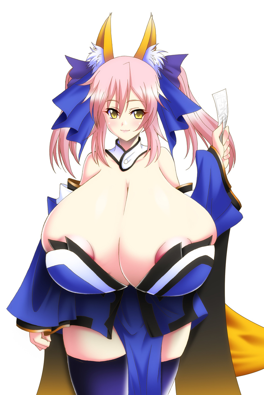 1girl akira_agata animal_ears areola_slip areolae blue_legwear breasts caster_(fate/extra) cleavage fate/extra fate_(series) fate_extra gigantic_breasts pink_hair skindentation solo twintails yellow_eyes