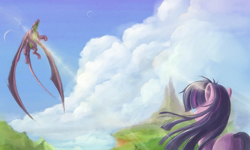 cliff cloud clouds dragon duo equine female feral friendship_is_magic grass hair horse mammal mountain multi-colored_hair my_little_pony outside phoreen pony scalie sky spike_(mlp) sunlight twilight_sparkle_(mlp) wings