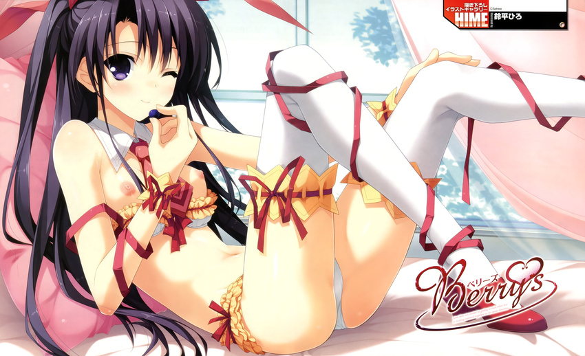 absurdres ass berry's black_hair blush bra bra_pull breasts candy food frills hair_ribbon highres lingerie long_hair lying medium_breasts morikubo_yuna navel necktie nipples on_back one_eye_closed panties purple_eyes ribbon shoes smile solo suzuhira_hiro thighhighs twintails two_side_up underwear underwear_only very_long_hair white_legwear white_panties
