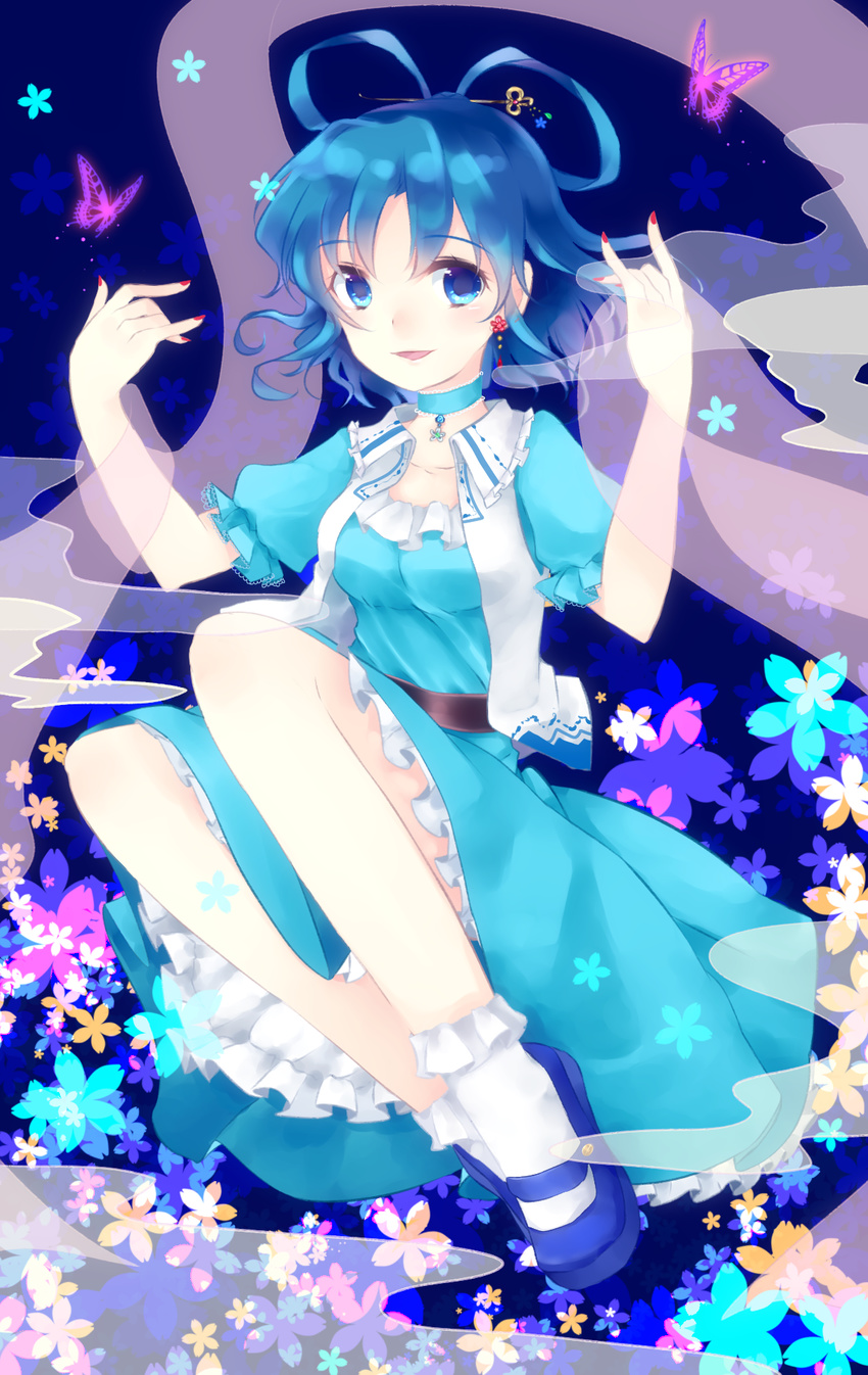 ajiriko bad_id bad_pixiv_id banned_artist belt blue_eyes blue_hair breasts bug butterfly choker dress earrings flower hair_ornament hair_rings hair_stick herb highres insect jewelry kaku_seiga medium_breasts nail_polish necklace petals shawl short_hair smile solo touhou vest