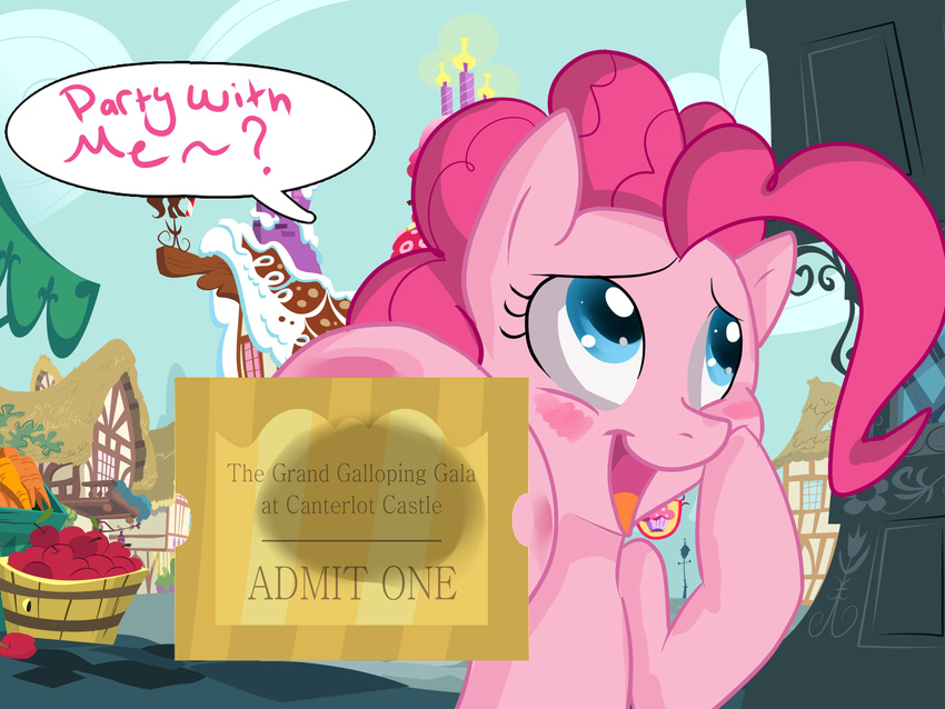 apple blue_eyes blush bucket cloud dialog english_text equine female feral friendship_is_magic fruit hair horse house kakashischika mammal my_little_pony outside pink_hair pinkie_pie_(mlp) pony ponyville sky solo text ticket