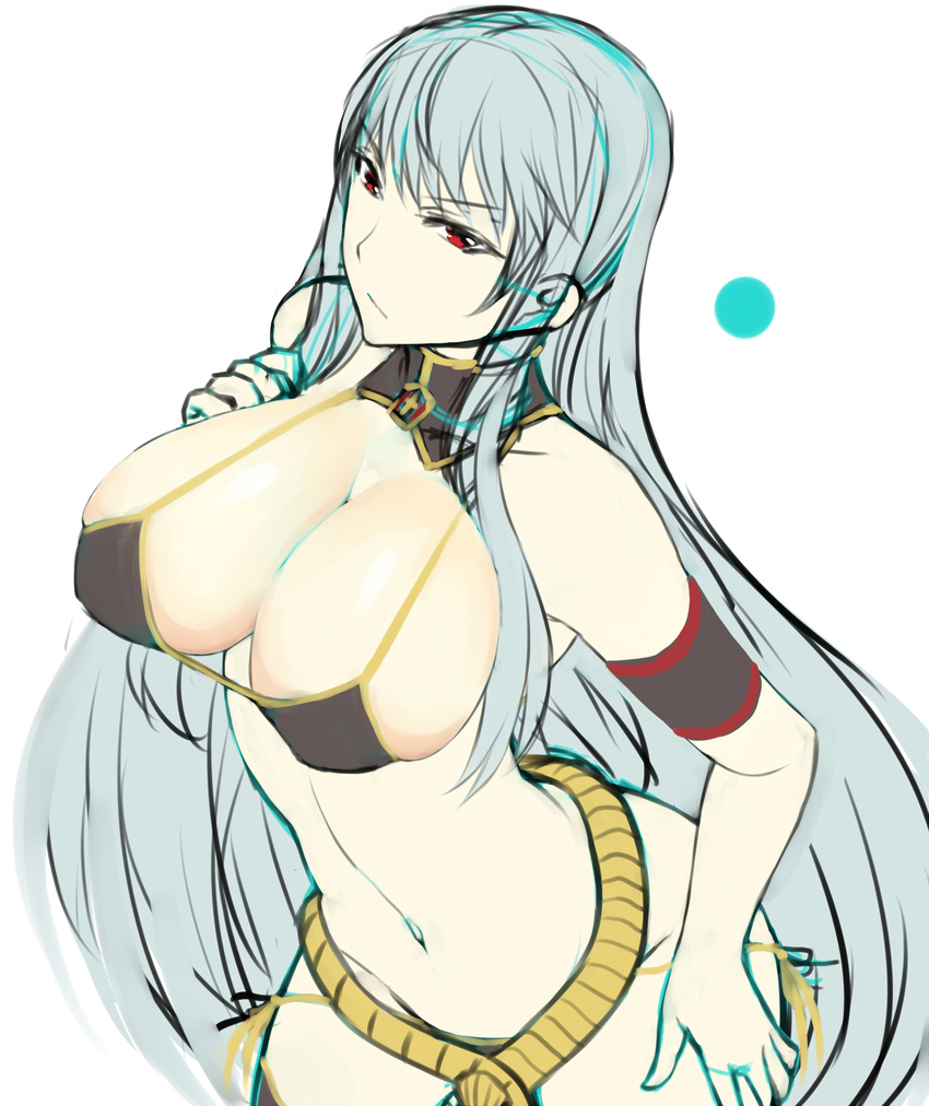 belt beltskirt bikini breasts cleavage hai_ookami highres large_breasts long_hair navel red_eyes selvaria_bles senjou_no_valkyria silver_hair simple_background solo swimsuit very_long_hair white_background