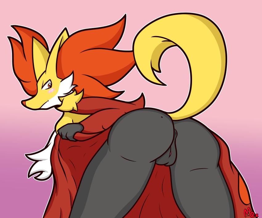 anthro anus blush breasts butt delphox female looking_at_viewer looking_back moxlewd nintendo pok&eacute;mon pok&eacute;mon_(species) presenting pussy solo video_games