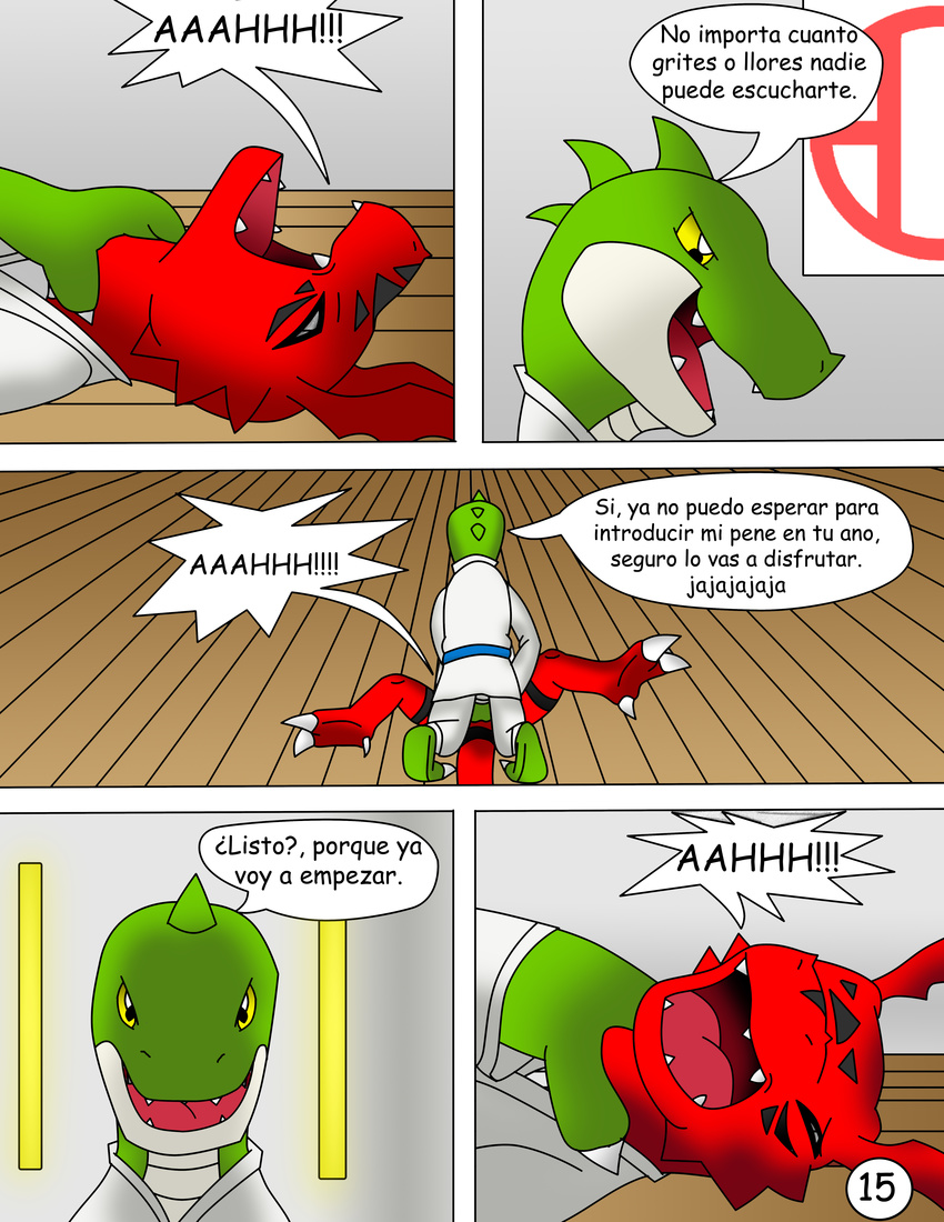 claws comic crocodile dialog digimon dragon eyes_closed gag guilmon hector21314 hi_res karate reptile scalie spanish_text text toe_claws