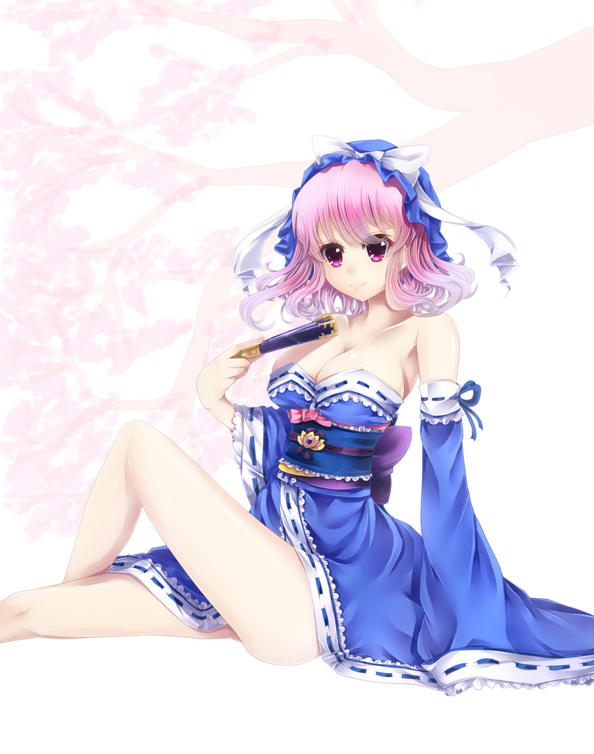 adapted_costume bad_id bad_pixiv_id bare_legs bare_shoulders blush breasts cleavage detached_sleeves fan folding_fan hat highres japanese_clothes kimono large_breasts looking_at_viewer pink_eyes pink_hair saigyouji_yuyuko short_hair siyusiyu13 smile solo touhou