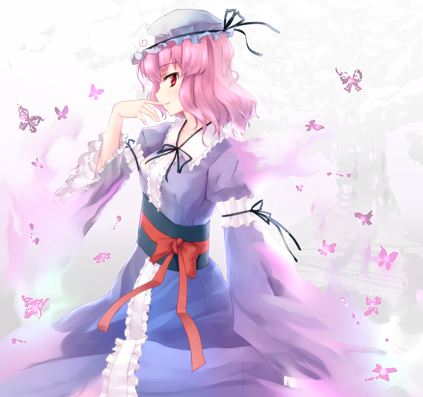 bug butterfly frills hat hat_ribbon highres insect japanese_clothes pink_eyes pink_hair ribbon saigyouji_yuyuko shuizao_(little_child) solo touhou triangular_headpiece wide_sleeves