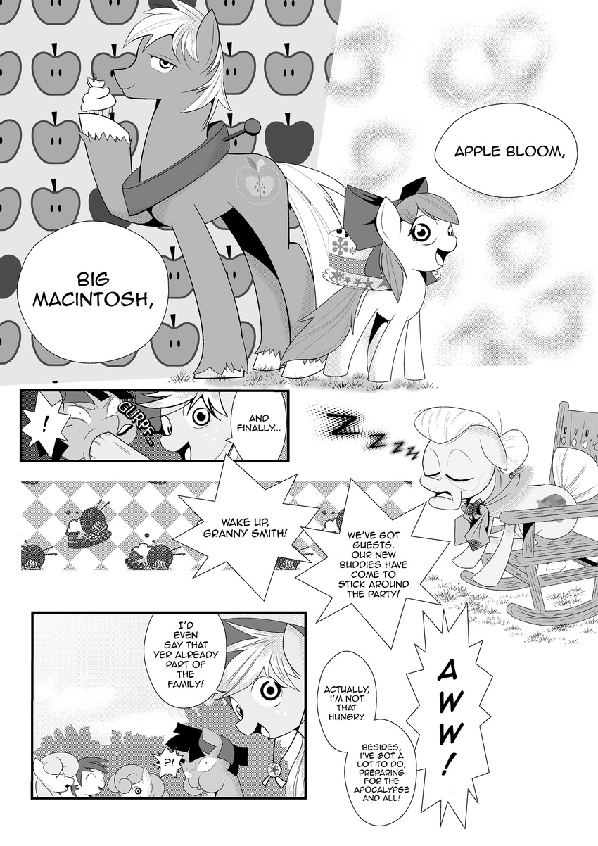 ?! apple apple_bloom_(mlp) applejack_(mlp) big_macintosh_(mlp) cake chair comic cowboy_hat crossgender cupcake cutie_mark equine family female feral fetlocks food friendship_is_magic fruit granny_smith_(mlp) group hair hair_bow hat hoof_in_mouth hooves horn horse male mammal monochrome multi-colored_hair my_little_pony old pony rocking_chair sleeping smile twilight_sparkle_(mlp) unicorn xxangeluciferxx yarn yoke zzz