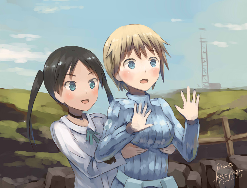:d artist_name belt black_hair blonde_hair blue_eyes blue_sky brave_witches breast_grab breasts cloud collared_shirt dated day francesca_lucchini grabbing grass green_eyes hands hands_up kanokoga landscape military military_uniform multiple_girls nikka_edvardine_katajainen open_mouth outdoors pouch ribbed_sweater ribbon rock shirt signature sky smile strike_witches surprised surprised_arms sweater tower twintails uniform wavy_mouth world_witches_series