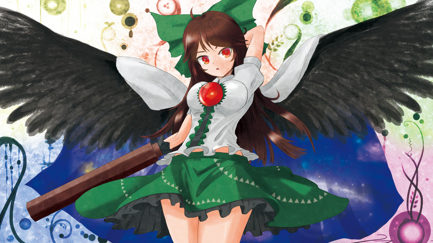 :o arm_cannon black_wings blush bow breasts brown_hair cape feathered_wings hair_bow highres long_hair medium_breasts open_mouth puffy_short_sleeves puffy_sleeves red_eyes reiuji_utsuho ribbon short_sleeves skirt solo sora_(dankesehr) third_eye touhou weapon wings