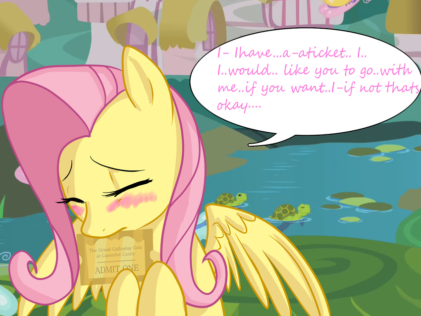 blush dialog english_text equine eyes_closed female feral fluttershy_(mlp) friendship_is_magic hair horse house kakashischika lake lillypad mammal my_little_pony pegasus pink_hair pony ponyville reptile scalie shy solo text ticket turtle water wings