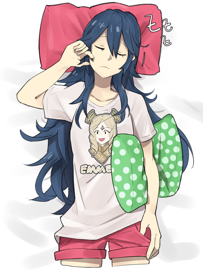 bed blonde_hair blue_hair closed_eyes closed_mouth ebinku emerina fire_emblem fire_emblem:_kakusei highres long_hair lucina shirt shorts simple_background sleeping solo tiara