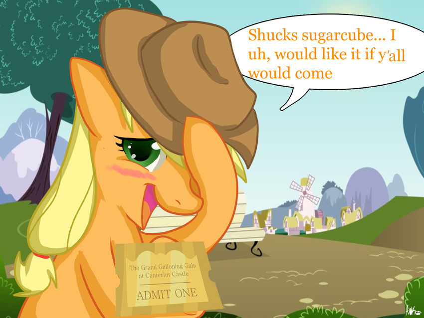 applejack_(mlp) bench blonde_hair blush cowboy_hat dialog english_text equine female feral friendship_is_magic grass green_eyes hair hat horse house kakashischika looking_at_viewer mammal my_little_pony outside pony ponyville text ticket tree windmill