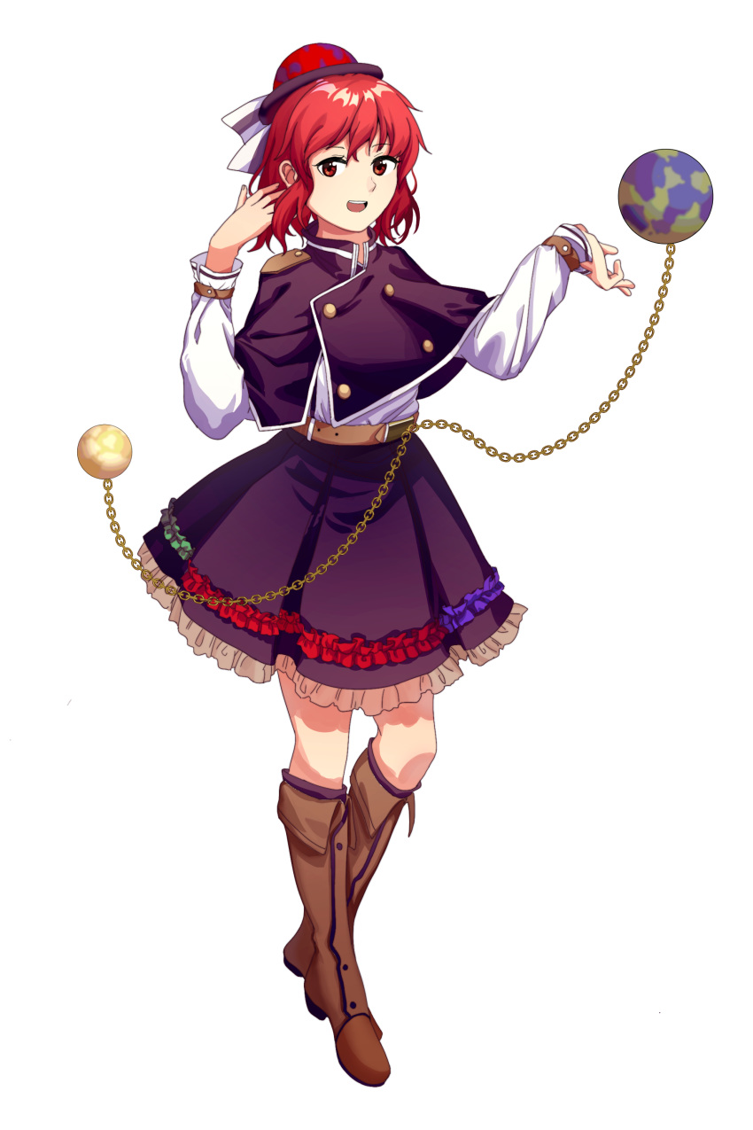 absurdres alternate_costume arms_up belt black_hat boots brown_belt brown_footwear buttons chain earth_(ornament) frills full_body furahata_gen hat hecatia_lapislazuli highres long_sleeves moon_(ornament) polos_crown purple_skirt red_eyes red_hair shirt short_hair simple_background skirt solo standing touhou white_background white_shirt