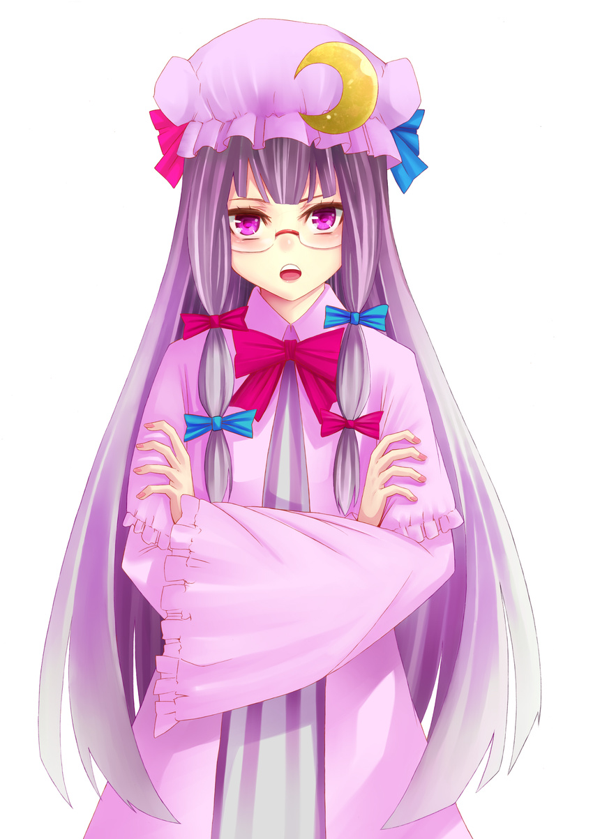 absurdres bespectacled crescent crossed_arms glasses hair_ribbon hat highres long_hair mikoma_sanagi patchouli_knowledge purple_eyes purple_hair ribbon solo touhou
