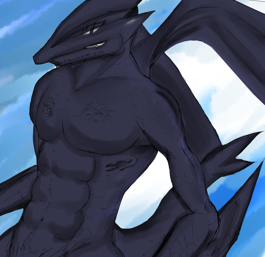 abs anthro barazoku biceps blue_dragon blue_skin dragon hair kyouran male muscles nude pecs pose reptile scales scalie solo unknown_artist wings