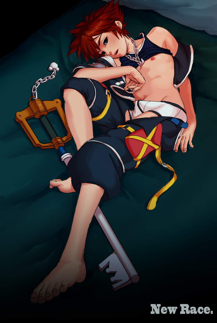 bad_id bad_pixiv_id blue_eyes blush briefs brown_hair bulge erection full_body highres jewelry keyblade kingdom_hearts male_focus necklace new_race nipples on_bed open_mouth pants_down shirt_lift sora_(kingdom_hearts) sweat underwear white_briefs