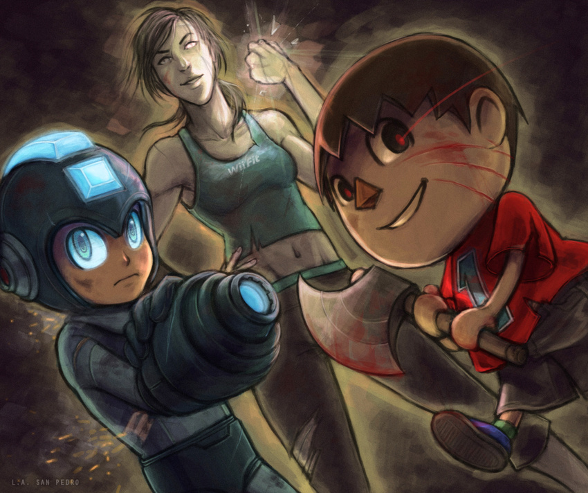 2boys android axe bad_deviantart_id bad_id blood capri_pants clenched_hand clothes_writing doubutsu_no_mori glowing glowing_eyes lauren_ashley long_hair midriff multiple_boys pants ponytail rockman_(character) smile super_smash_bros. tank_top villager_(doubutsu_no_mori) weapon white_skin wii_fit wii_fit_trainer