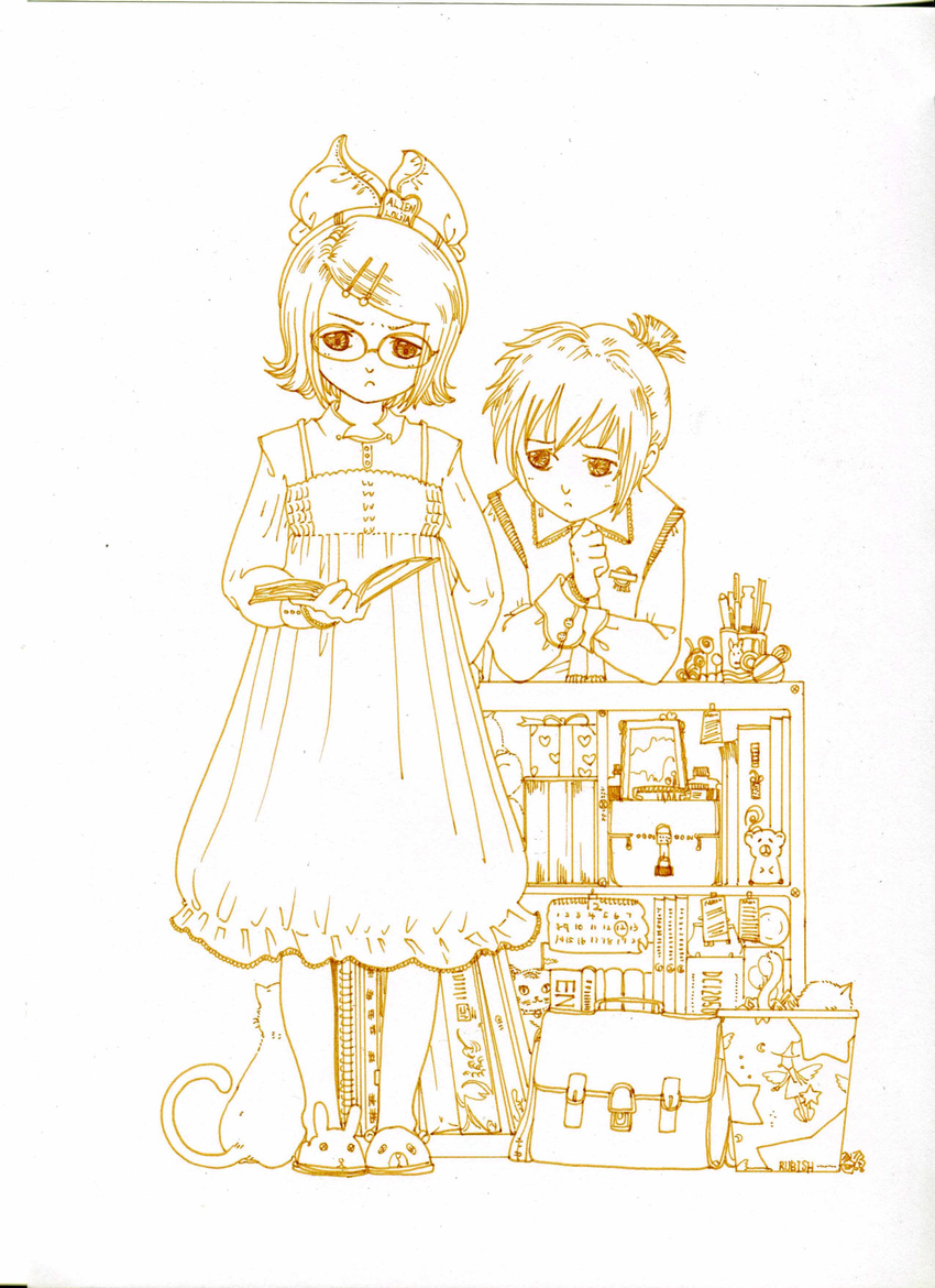 1girl absurdres alien_(alienlolita) bad_id bad_pixiv_id bag bespectacled bookshelf brother_and_sister cat dress glasses hair_ornament hairclip highres kagamine_len kagamine_rin lineart monochrome reading school_bag school_briefcase short_hair short_ponytail siblings slippers trash_can vocaloid