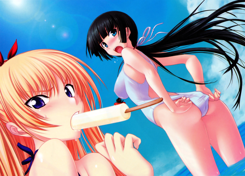 absurdres adjusting_clothes adjusting_swimsuit ass black_hair blonde_hair blue_eyes blue_sky breasts casual_one-piece_swimsuit christiane_friedrich cloud day dutch_angle food highres huge_filesize kawagishi_keitarou large_breasts long_hair looking_at_viewer looking_back low_ponytail maji_de_watashi_ni_koi_shinasai! mayuzumi_yukie mouth_hold multiple_girls one-piece_swimsuit outdoors popsicle purple_eyes scan sky swimsuit very_long_hair wading water
