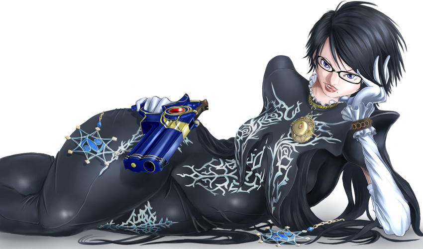 alternate_hair_length alternate_hairstyle amulet bayonetta bayonetta_(character) bayonetta_2 black_hair blue_eyes bodysuit breasts chin_rest elbow_gloves glasses gloves gun handgun large_breasts licking_lips lipstick lying makeup mole on_side pachimon short_hair solo tongue tongue_out weapon white_gloves