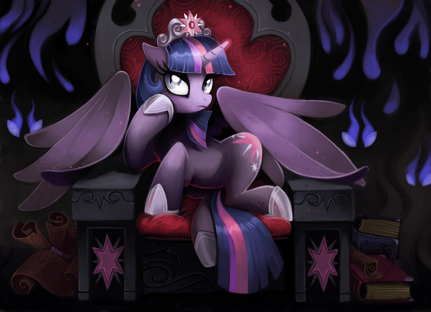 crown cutie_mark equine female feral fire flames friendship_is_magic fur hair hi_res horn horse isseus long_hair looking_at_viewer mammal multi-colored_hair my_little_pony pony princess purple_eyes purple_fur purple_hair royalty scroll sitting solo thrown twilight_sparkle_(mlp) winged_unicorn wings