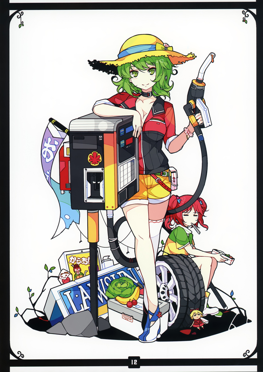 =_= absurdres banana cabbage cherry choker food fruit fuel green_hair hat highres ideolo kazami_yuuka medicine_melancholy multiple_girls mystia_lorelei non-web_source onozuka_komachi red_hair short_hair sitting straw_hat tire touhou two_side_up