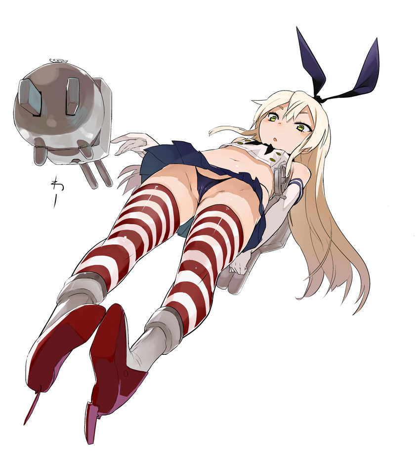 :o anchor anchor_hair_ornament black_panties blonde_hair blush elbow_gloves flat_chest foreshortening from_below gloves green_eyes hair_ornament hairband highleg highleg_panties kantai_collection long_hair navel panties rensouhou-chan shimakaze_(kantai_collection) simple_background skirt solo striped striped_legwear thighhighs ume_(datsuryokugen) underwear white_background white_gloves