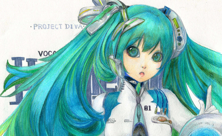 alien_(alienlolita) bad_id bad_pixiv_id bodysuit cable colored_pencil_(medium) green_eyes green_hair hair_ornament hatsune_miku highres long_hair project_diva_(series) traditional_media twintails vocaloid