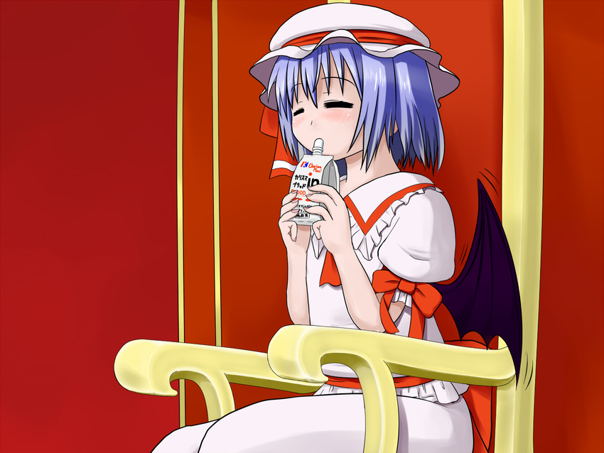 =_= bat_wings blue_hair bow closed_eyes drinking fingernails hat hat_ribbon mob_cap motion_lines puffy_short_sleeves puffy_sleeves red_background remilia_scarlet ribbon short_hair short_sleeves sitting skirt skirt_set solo throne touhou wataru_ryourei wings