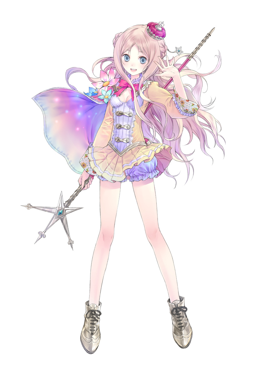 absurdres ankle_boots atelier_(series) atelier_meruru bangs bare_legs bloomers blue_eyes blush boots bow bowtie braid breasts cape cleavage cleavage_cutout crown floating_hair floral_print flower french_braid frills full_body gem hair_ornament half_updo hand_up happy highres holding holding_weapon kishida_mel legs long_hair long_legs long_sleeves looking_at_viewer merurulince_rede_arls mini_crown miniskirt multicolored multicolored_cape multicolored_clothes official_art parted_bangs pink_hair pleated_skirt polka_dot red_bow sidelocks skirt small_breasts solo staff standing star star_hair_ornament transparent_background underwear very_long_hair waving wavy_hair weapon white_bloomers yellow_skirt